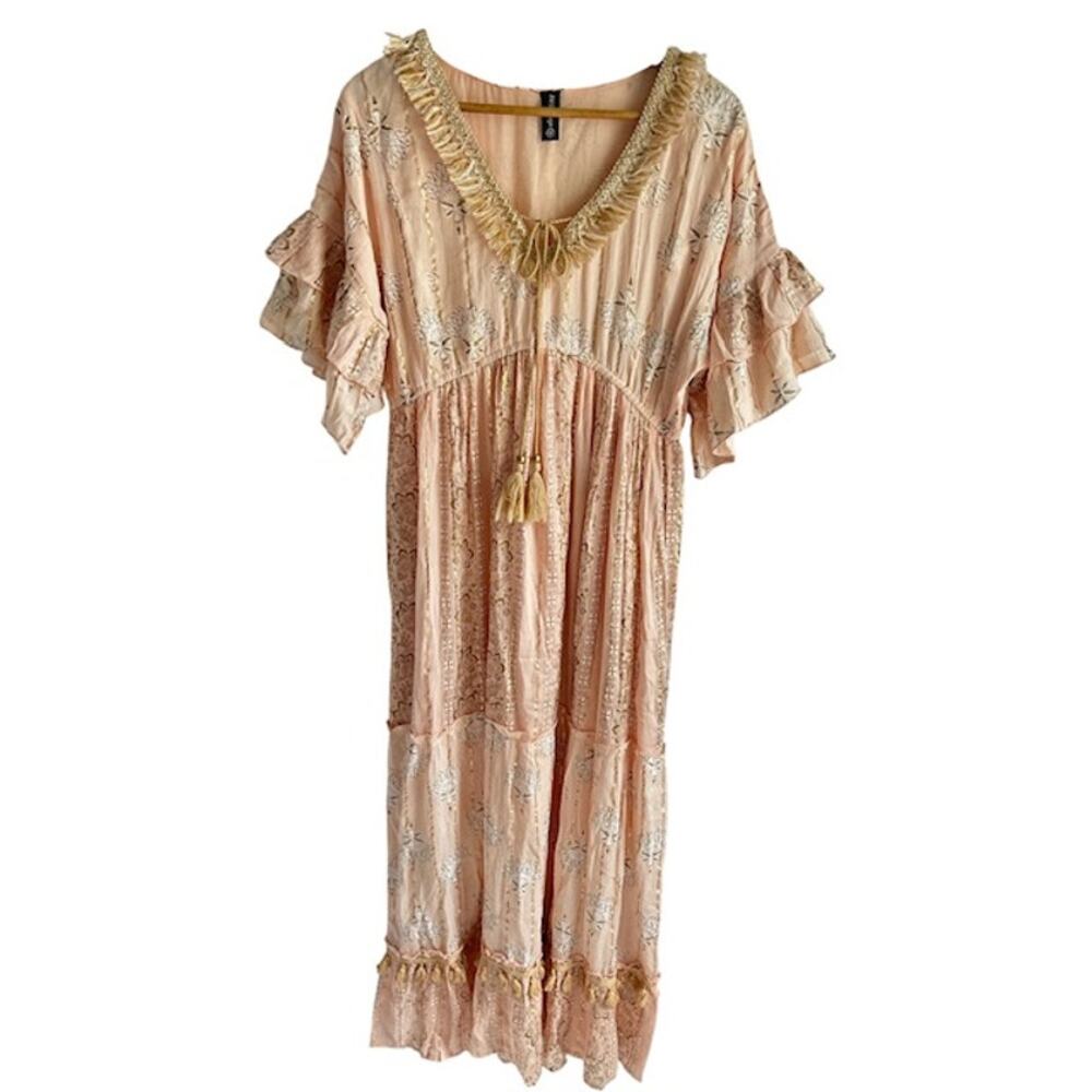 Anthropologie Peach Tassel-Trim Midi Dress